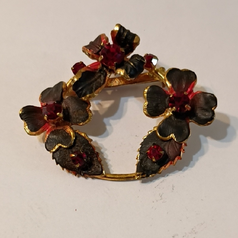 Vintage Gold and Red Floral Brooch Crystals Enamel Signed Austria